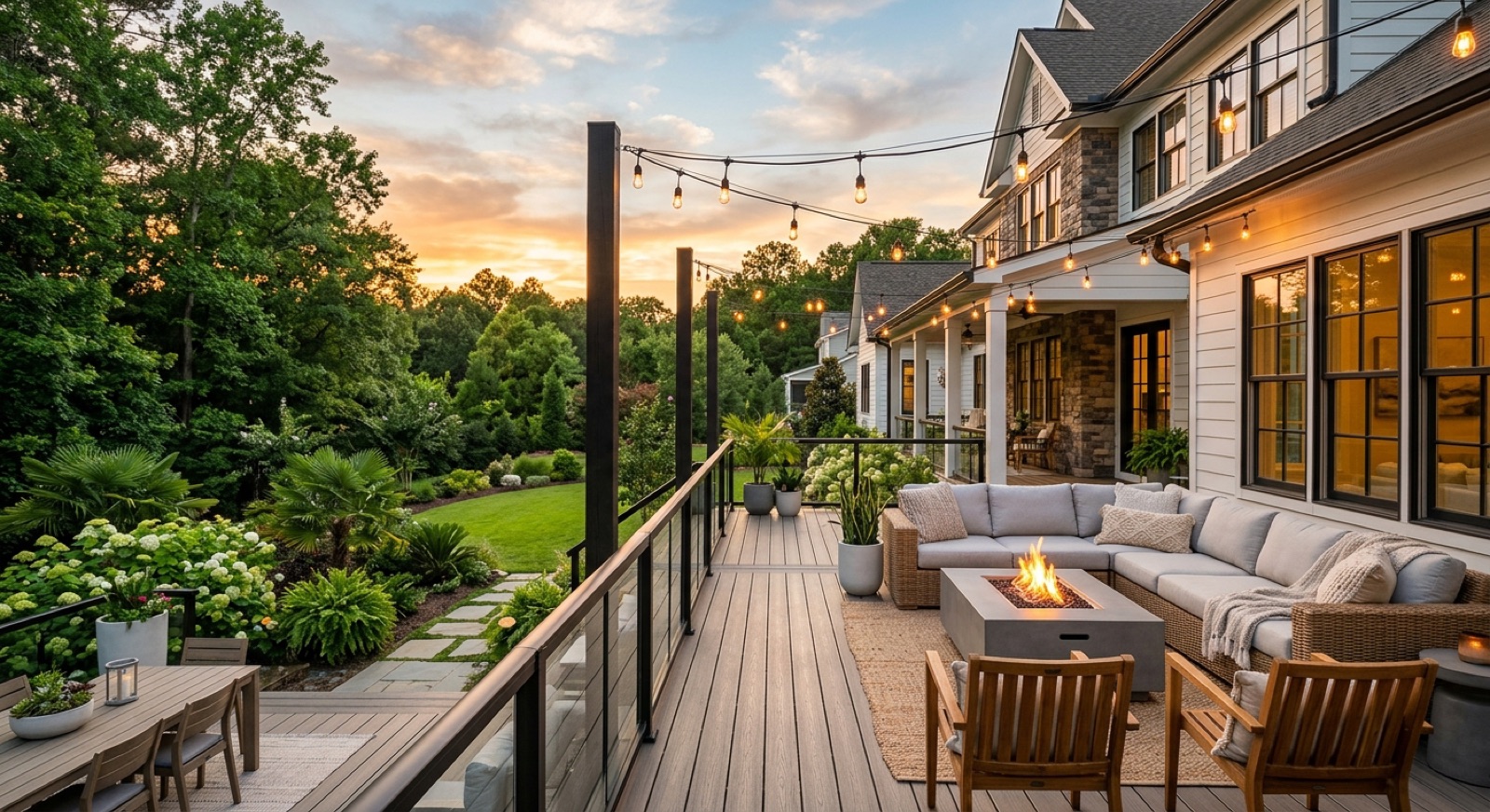 Stunning custom composite deck with outdoor living space built by Rock Hill Decks in Rock Hill, South Carolina